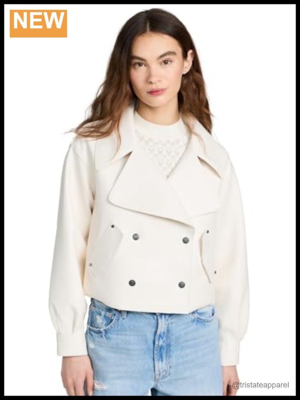 Faux Leather Vegan Trench Coat Double-Breasted Snap Front Puff Sleeves
